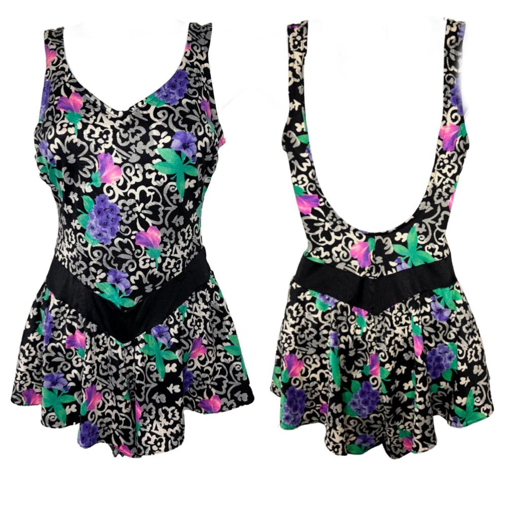 Vtg 80s Maxine of Hollywood Women's Sz 10 Floral Open Back Romper Swimsuit(1978) - Picture 2 of 8